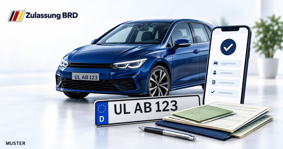 Online Fahrzeugzulassung in Laichingen: Musterkennzeichen UL AB 123, Auto und Fahrzeugpapiere und Smartphone. Illustration mit Logo von Zulassung BRD.